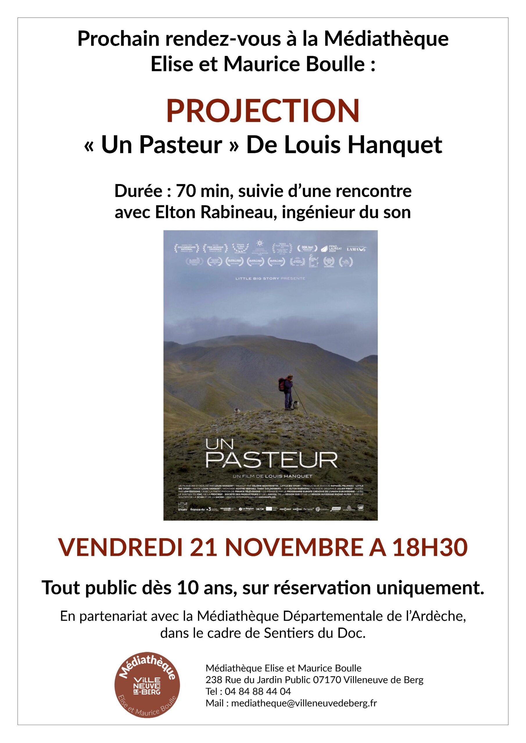 Projection « Un Pasteur » de Louis Hanquet à la médiathèque de Villeneuve-de-Berg