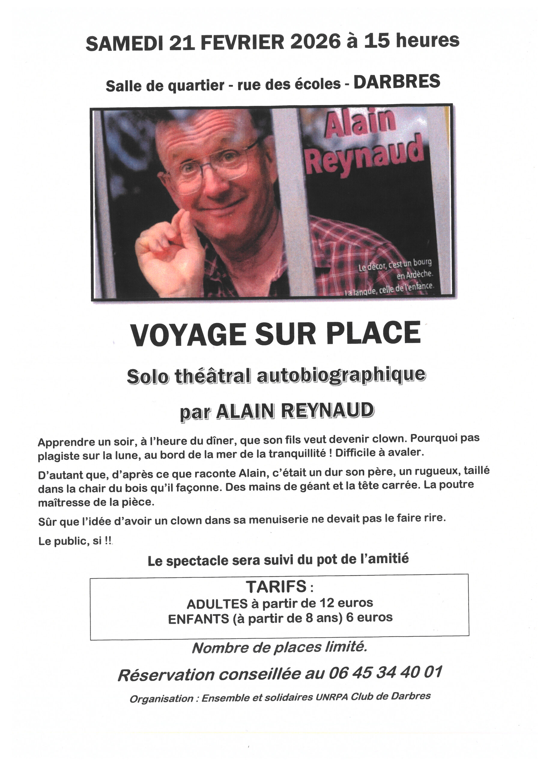 Solo théâtral autobiographique "Voyage sur place" à Darbres