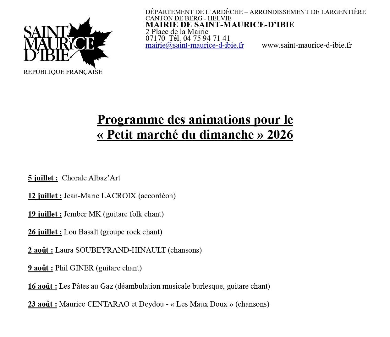 Programme des animations du marché estival de St Maurice d'Ibie