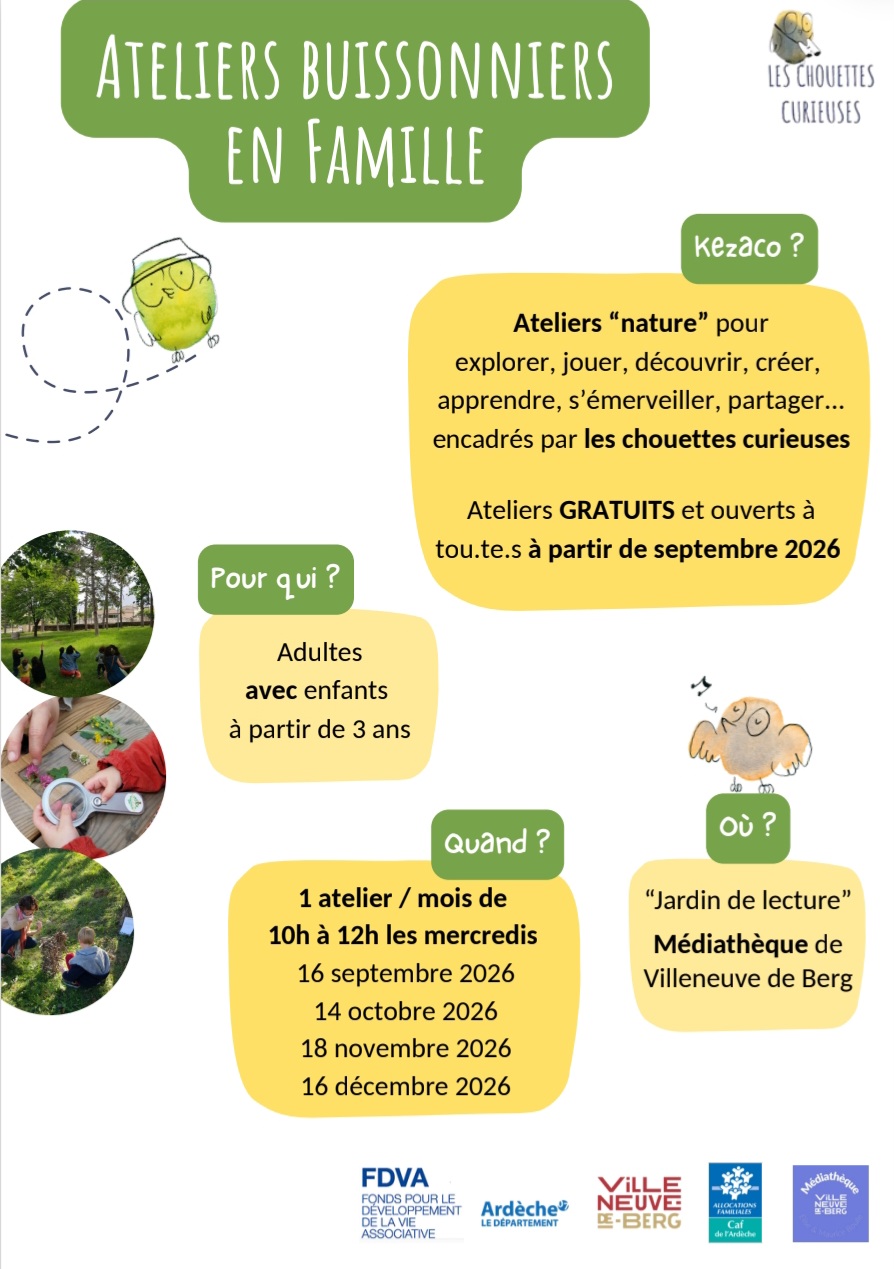 Ateliers familles avec Les Chouettes Curieuses à la médiathèque de Villeneuve-de-Berg