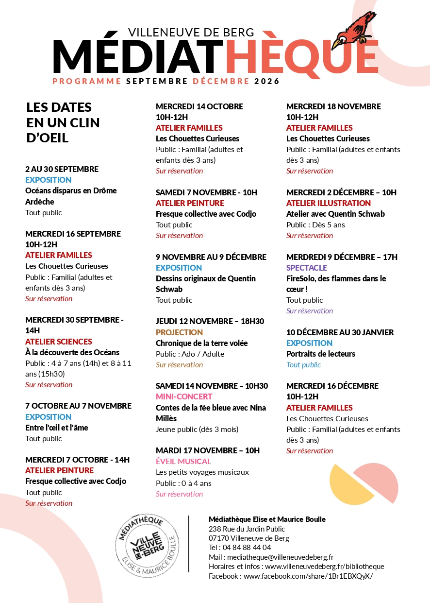 Programme fin 2026 de la médiathèque de Villeneuve de Berg