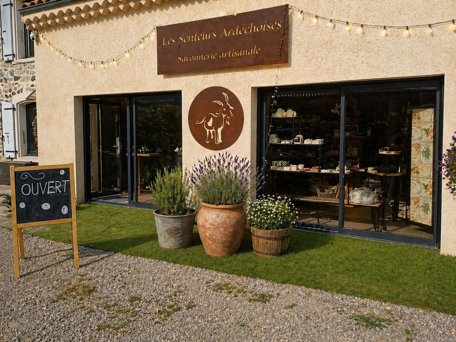 Devanture de l'atelier - boutique Senteurs Ardéchoises à St Jean le Centenier
